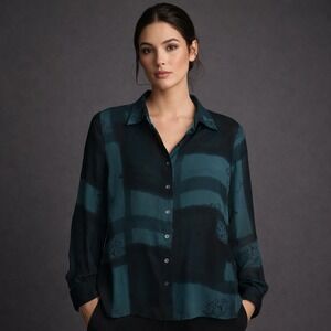 Y2K Blouse Sz M Sheer Green Print Button Down Silk Shirt Whimsigoth Fairy Grunge